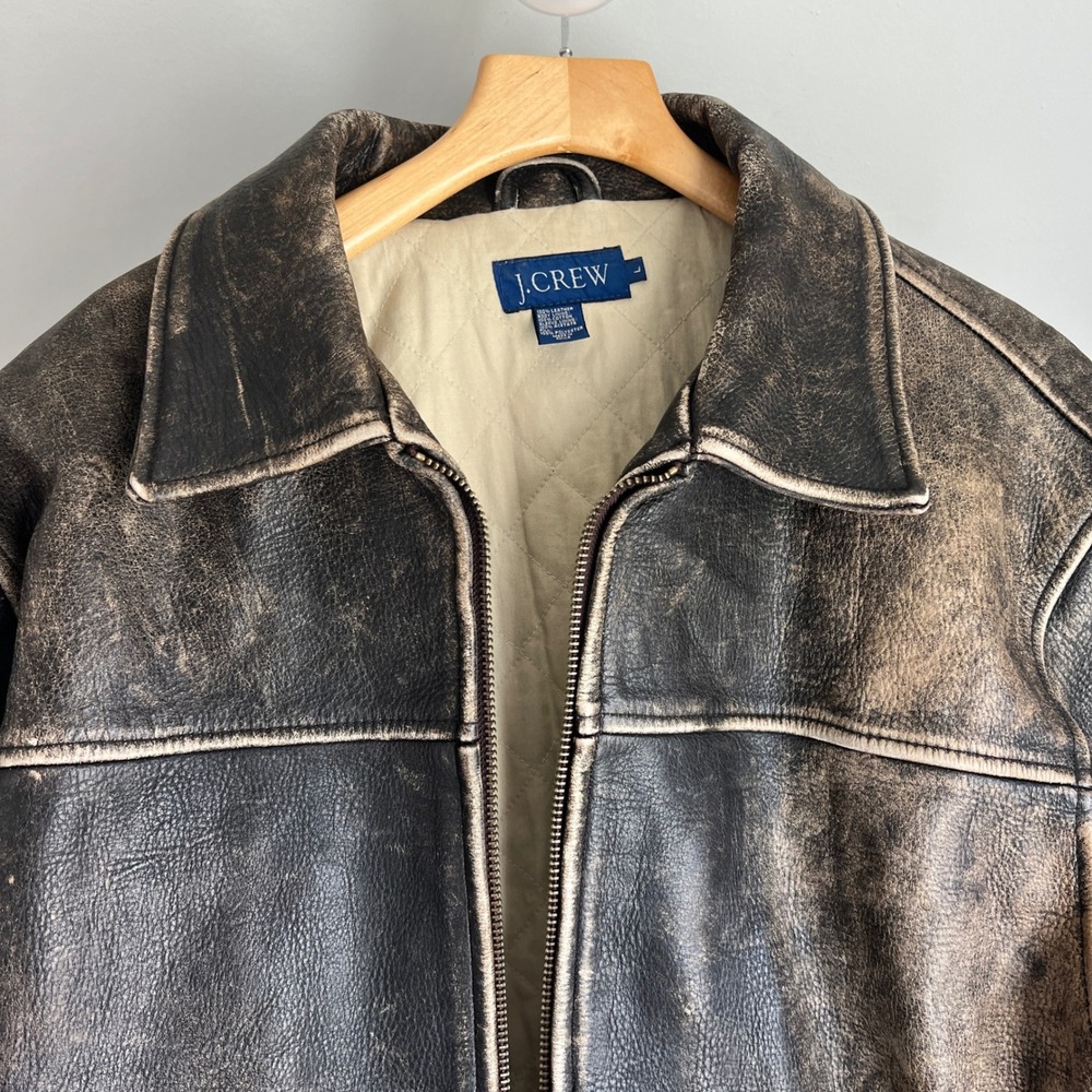 Vintage 90s J. Crew Leather Bomber Jacket Large Brown Worn Distressed Faded - Picture 8 of 12